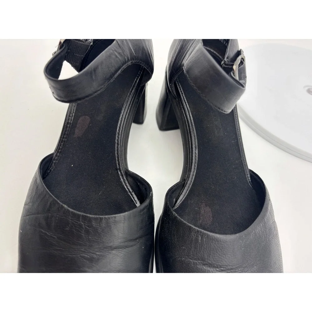 VINTAGE BLACK MARY‎ JANE Leather Shoe Y2K Chunky Block Heel Womens Square Ankle